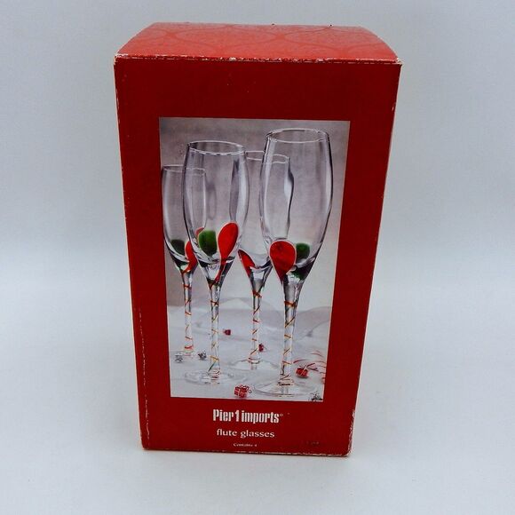 Pier 1 Imports Tear Drop Swirl Champagne Glasses Flutes Red Green - Picture 5 of 5